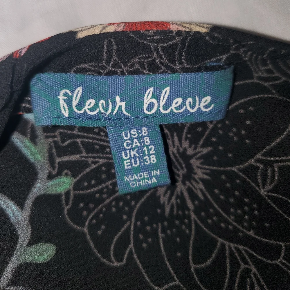 : fleur bleve black floral design button front Drawstring tunic dress top sz 8 - Picture 8 of 16